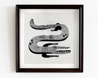 Caiman | Crocodile print |  frottage technique | Print | Animal print  | Black & white print  |  Jungle print I Edgy print