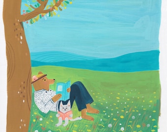 Bears Reading Original painting Acryla Gouache