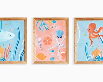 Ocean Playroom Prints  | Set of 3 posters  | Nursery Prints art I Art Set of 3 Prints I Under the sea art I Octopus l Wale I Shell