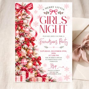 May include: A rectangular invitation card featuring a decorated Christmas tree with red bows and ornaments on the left, and the text A MERRY LITTLE GIRLS NIGHT PLEASE JOIN US FOR A FRIENDSMAS PARTY SATURDAY DECEMBER 19TH 2026 AT 5:00 PM.