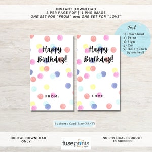 Puede incluir: Plantilla de tarjeta de cumpleaños imprimible con un diseño de confeti. La tarjeta mide 3,5 pulgadas por 2 pulgadas y dice "¡Feliz cumpleaños!" con la opción de agregar "De:" o "Con amor."