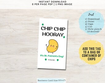 Chip Chip Hooray St. Patrick's Day Card Printable | It's St. Patrick's Day Card | Instant Download Snack St. Patrick Tags | Potato Chip Tags
