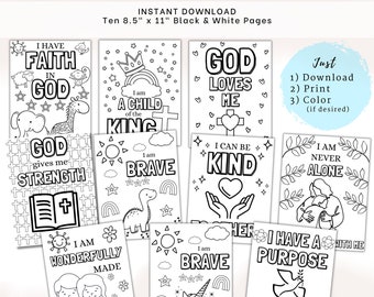 PRINTABLE Biblical Affirmation Coloring Pages | 10 Pages of Kid's Affirmations | Bible Verses | Christian Coloring Pages |Kid Bible Coloring