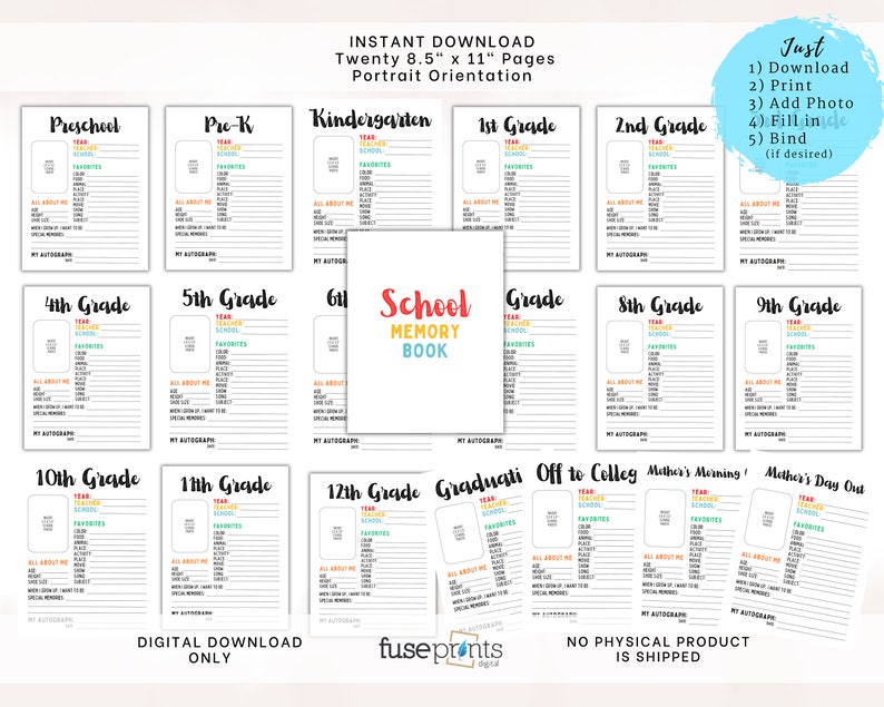 Printable School Memory Book School Year Questionnaire Kids Keepsake Journal DIY Kids Memory Box