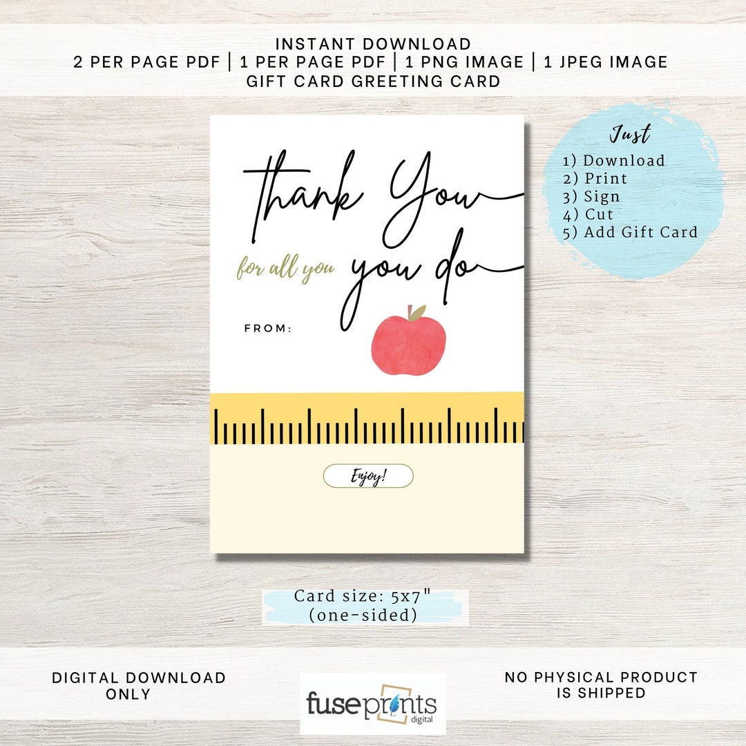 Teacher Appreciation Printable Gift Card Holder Thank You Teacher Gift