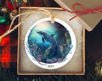 Dolphin Christmas Ornament | Watercolor Ocean Scene | Marine Life Holiday Decor | Sea Life Christmas Gift | Beach Keepsake