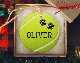 Personalized Dog Tennis Ball Ornament | Add Dog Photo, Dog Name, Custom Text | Dog Memorial Ornament | Christmas Keepsake | Paw Prints