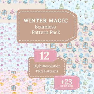 May include: A digital pattern pack with a winter theme. The image features various seamless patterns with watercolor illustrations of ice skates, igloos, and winter scenes. The text on the image reads "WINTER MAGIC Seamless Pattern Pack" and "12 High-Resolution PNG Patterns".