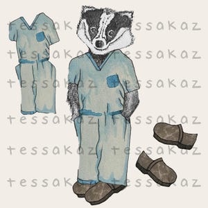 May include: A watercolor illustration of a badger wearing a light blue medical scrubs with a pocket on the left side. The badger is standing with its arms at its sides. The badger is wearing brown shoes. There are two pairs of brown shoes on the ground.