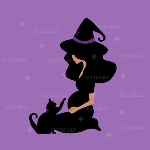 Linda bruja embarazada con su mejor gato Gráfico (7) SVG, (7) JPG, (7) archivos PNG, Clipart de otoño de Halloween para crear un regalo personalizado, silueta