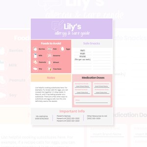 Może przedstawiać: Jasnofioletowy i różowy przewodnik po alergiach i opiece zatytułowany "Lily's allergy & care guide". Przewodnik zawiera listę produktów spożywczych, których należy unikać, bezpiecznych przekąsek, dawek leków i ważne informacje.