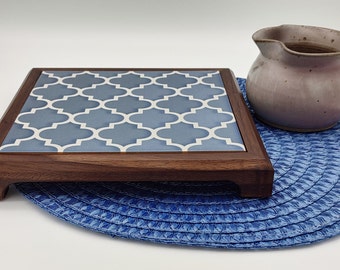 Handcrafted Blue & White Glazed Ceramic Trivet- Free Shipping