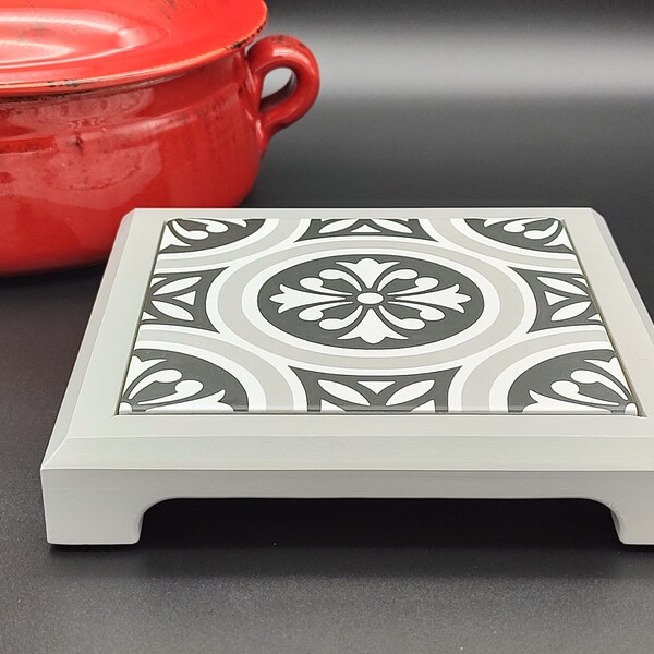 Handcrafted Midnight Metro Black, White & Grey Matte Ceramic Trivet- Free Shipping