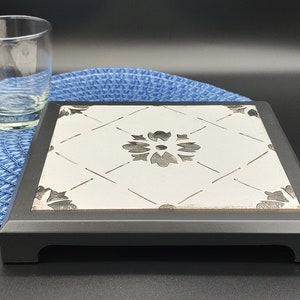 Handcrafted Sorrento White And Black Patterned Matte Ceramic Trivet - Free Shipping