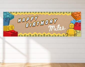Modello di striscione di compleanno LEGO, decorazioni per feste a tema LEGO per bambini, cartello dipinto, striscione modificabile su Canva (download digitale)