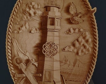 Lighthouse Wall Art, Lighthouse Décor, Laser Engraved Sign, Wall Art Wood, Home Décor, Ocean Décor, 3D Illusion, Shelf Sitter, Gift for Her