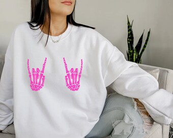 Hot Pink Rock On Skeleton Hands Sweatshirt, Oversized Fall Crewneck, Halloween Sweatshirt, Skeleton Shirt, Skeleton Hand Pullover Sweatshirt