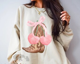 Coquette Cowgirl Sweatshirt, Western Crewneck, Pink Bow Sweater, Cowboy Boot Tee, Coquette Aesthetic, Girly Girl, Trendy Cherry Bow Crewneck