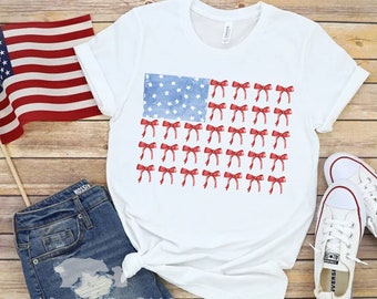 Coquette 4th of July Shirt, Bow American Flag T-Shirt, USA Shirt, Retro 4th of July Tee, Trendy Summer 4th of July Shirt, Coquette Bow Tee