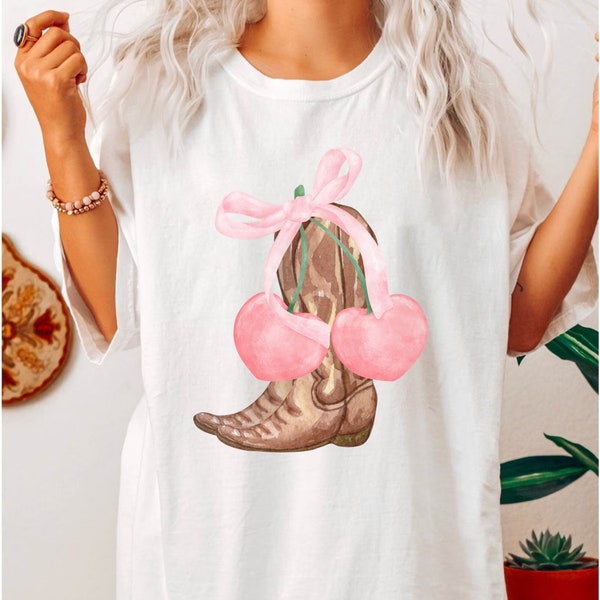 Coquette Cowgirl Shirt, Western T-Shirt, Pink Bow Shirt, Cowboy Boots Tee, Coquette Bow Aesthetic, Girly Girl Shirt, Trendy Cherry Bow Tee