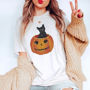 Vintage Halloween Shirt, Comfort Colors Shirt, Black Cat Shirt, Cat Lover Shirt, Pumpkin Shirt, Pumpkin Cat T-Shirt, Retro Halloween T-Shirt