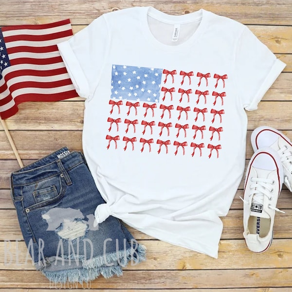 Coquette 4th of July Shirt, Bow American Flag T-Shirt, USA Shirt, Retro 4th of July Tee, Trendy Summer 4th of July Shirt, Coquette Bow Tee