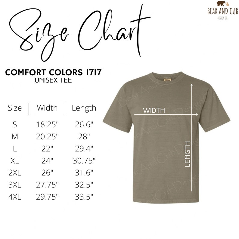 Puede incluir: Tabla de tallas para una camiseta unisex en Comfort Colors 1717. La tabla muestra las medidas de ancho y largo en pulgadas para las tallas S a 4XL.