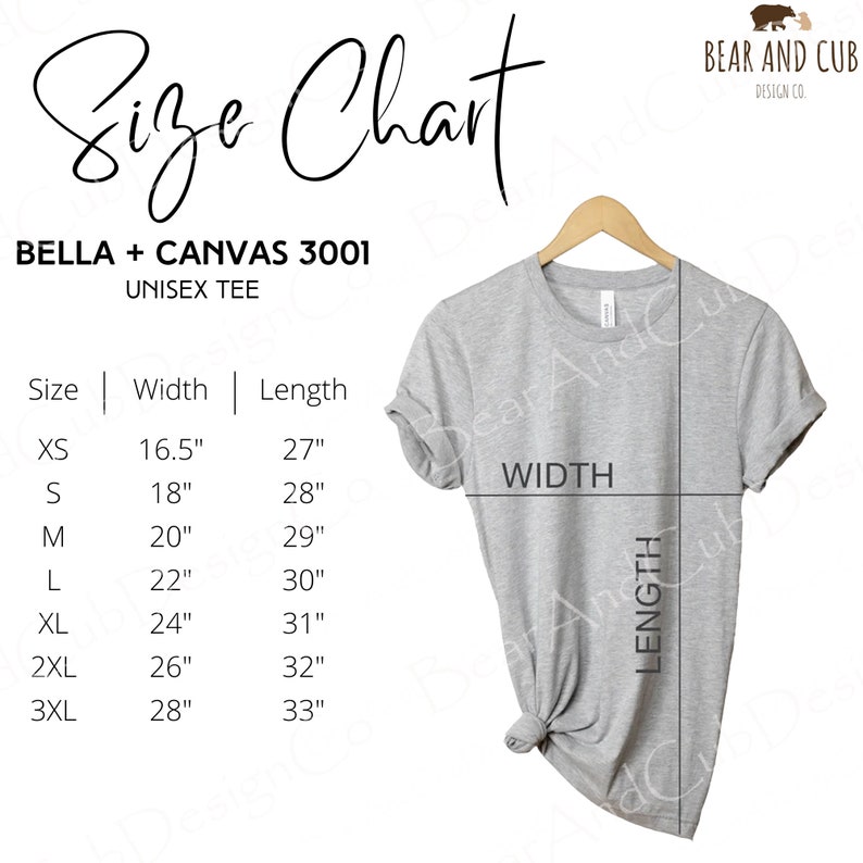 May include: Size chart for a unisex Bella + Canvas 3001 tee shirt. The chart shows the width and length measurements in inches for sizes XS to 3XL.