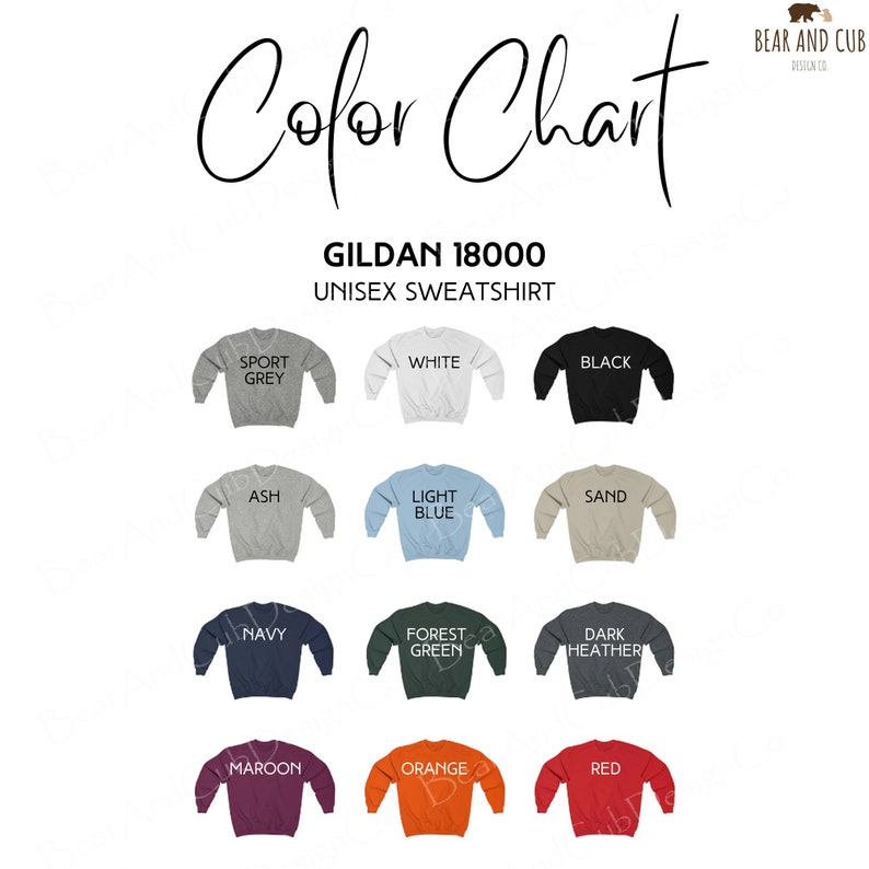 May include: Colour chart displaying 12 different colours of Gildan 18000 unisex sweatshirts. The colours are: Sport Grey, White, Black, Ash, Light Blue, Sand, Navy, Forest Green, Dark Heather, Maroon, Orange, and Red.
