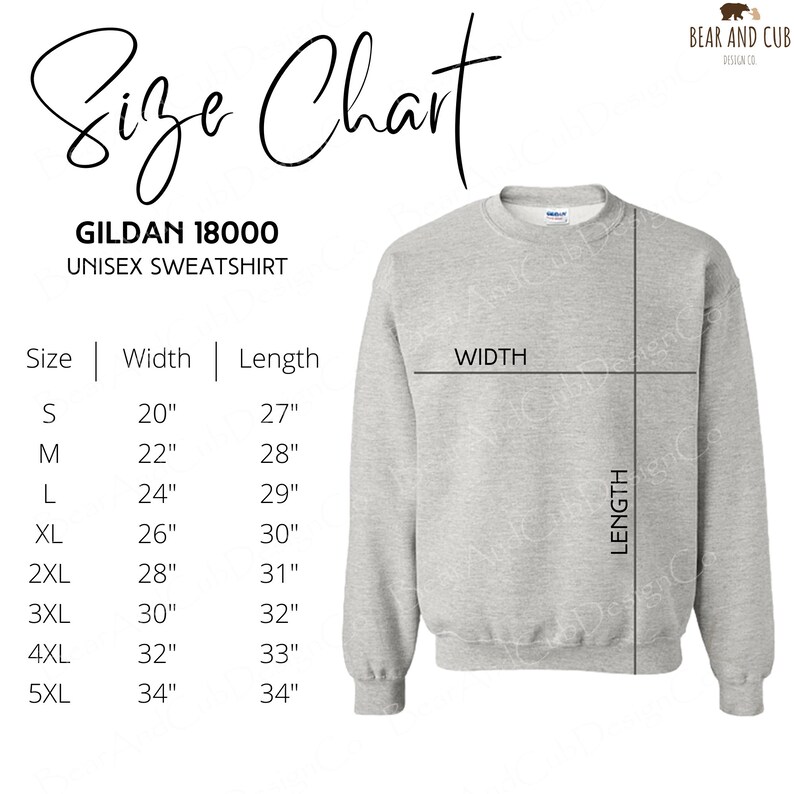 Puede incluir: Tabla de tallas para una sudadera unisex Gildan 18000. La tabla muestra las medidas de ancho y largo en pulgadas para las tallas S a 5XL.