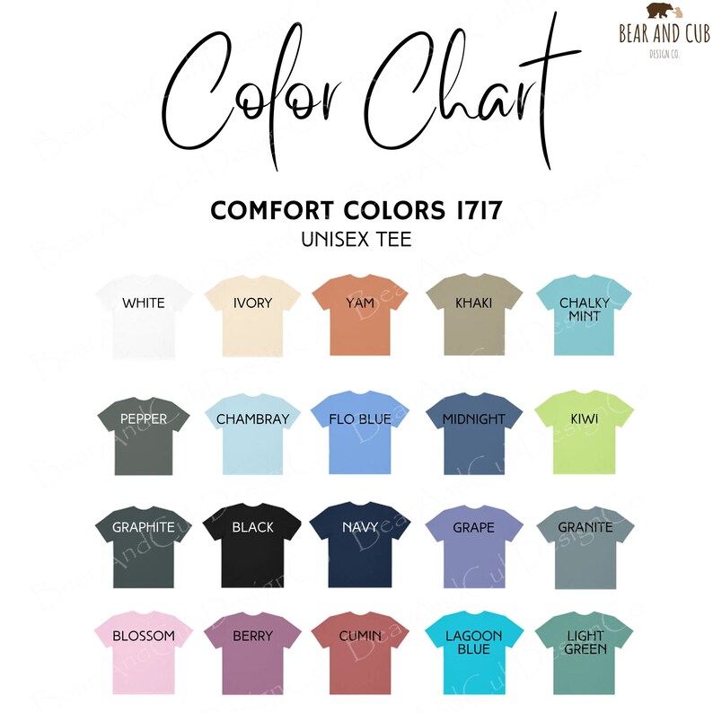 Puede incluir: Carta de colores que muestra 18 colores diferentes de camisetas unisex. Los colores est&aacute;n dispuestos en cuatro filas de cinco colores cada una. Los colores son: Blanco, Marfil, Yam, Caqui, Menta polvorienta, Pimienta, Chambray, Azul cielo, Medianoche, Kiwi, Grafito, Negro, Azul marino, Uva, Granito, Flor, Baya, Comino, Azul laguna, Verde claro.