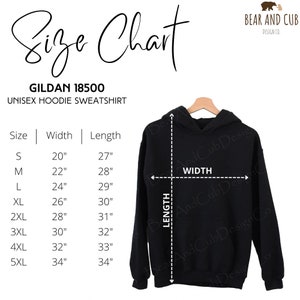 May include: Size chart for a Gildan 18500 unisex hoodie sweatshirt. The chart shows the width and length measurements in inches for sizes S through 5XL.