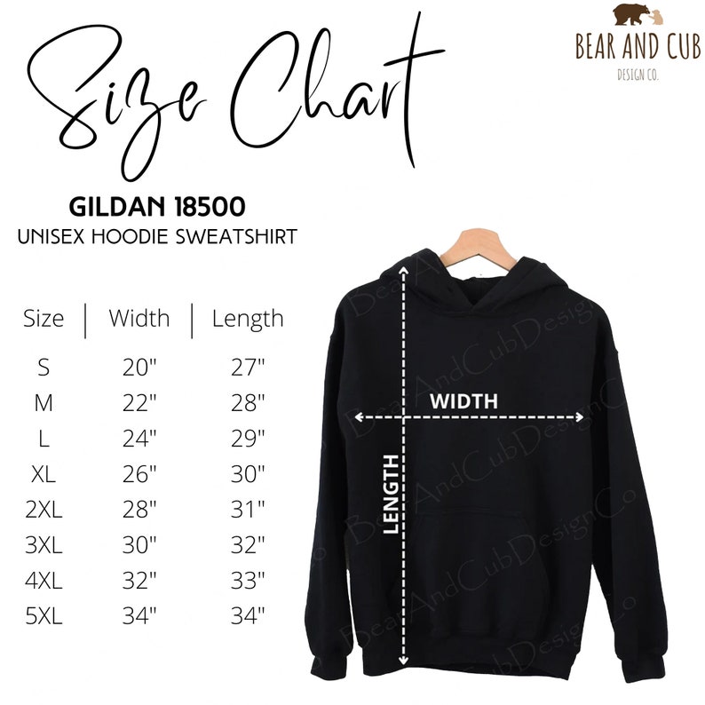 May include: Size chart for a Gildan 18500 unisex hoodie sweatshirt. The chart shows the width and length measurements in inches for sizes S through 5XL.