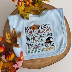 My First Halloween Personalised Bib | Embroidered Baby Bib | Baby Gift | Pumpkin Bib | Witches Hat Bib | Unisex Pop On Bib