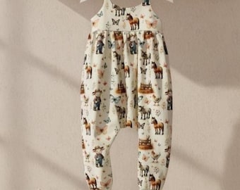 Pelele de bebé de algodón orgánico con estampado de animales de granja, mono de punto Napa hecho a mano.