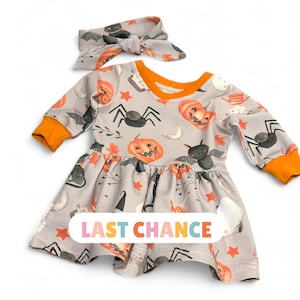 Halloween Baby Dress: Pumpkin & Spider Print Outfit with Headband | 3-6 Months | Discontinued Print
