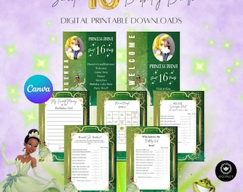 Tiana Princess Sweet 16 Birthday Bundle: Games, Welcome Sign (Editable Download)
