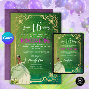 Sweet 16 Birthday Invite | The Princess and the Frog |Sixteen Party Invitations | Tiana & Frog | Editable Printable Invite| Instant Download
