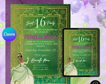 Princess and the Frog Sweet 16-uitnodiging: bewerkbaar Tiana-feestje (digitale download)