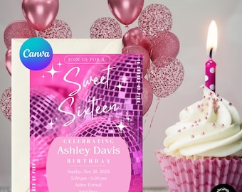 Sweet 16 Disco Ball Invitation: Pink Retro Party, Editable Printable (Instant Download)