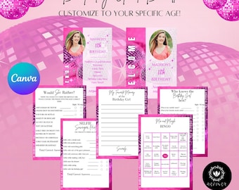 Disco Birthday Party Games Bundle: Welcome Sign, Agenda (Editable Digital Download)
