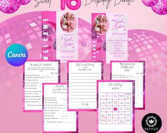 Sweet Sixteen Birthday Party Games Bundle: Welcome Sign, Agenda (Editable Download)