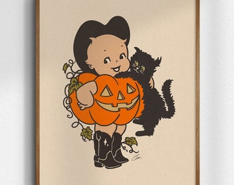 Kewpie Cowgirl Pumpkin, Halloween Art Print, Giclée Fine Art Print, Vintage Cowgirl Wall Art, Kewpie Pumpkin, Kewpie Halloween, UNFRAMED