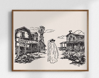 Ghost Town, 8x10 Halloween Art, Cowboy Halloween, Giclée Fine Art Print, Spooky Decor, Western Halloween Art Prints, UNFRAMED