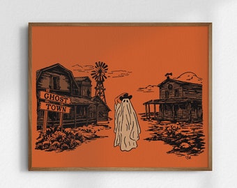 Ghost Town, 8x10 Halloween Art, Cowboy Halloween, Giclée Fine Art Print, Spooky Decor, Western Halloween Art Prints, UNFRAMED