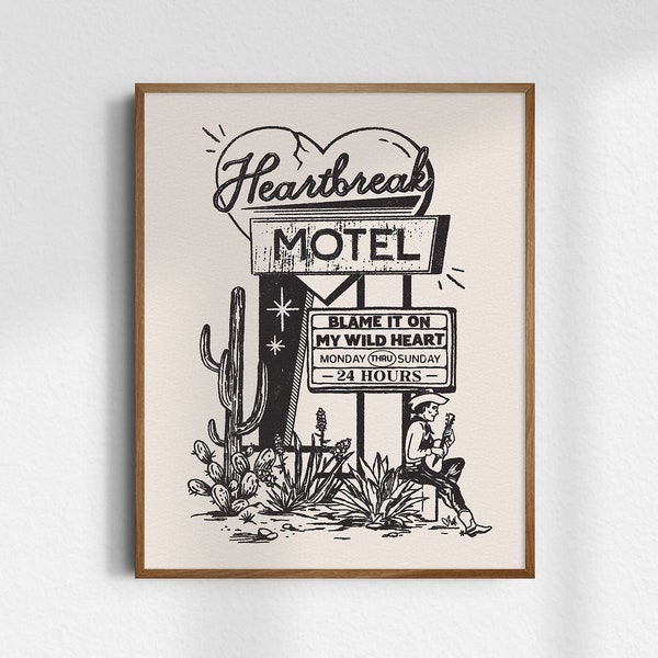 Heartbreak Motel, Giclée Fine Art Print, Vintage Cowboy Art, Vintage Cowgirl Wall Art, Western Wall Decor, UNFRAMED
