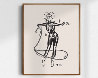 Bone-a-fide Cowgirl, 8x10 Skeleton Cowgirl Art Print, Giclée Fine Art Print, Vintage Cowgirl Wall Art, Goth Cowgirl Decor, UNFRAMED