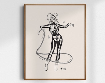 Bone-a-fide Cowgirl, 8x10 Skeleton Cowgirl Art Print, Giclée Fine Art Print, Vintage Cowgirl Wall Art, Goth Cowgirl Decor, UNFRAMED