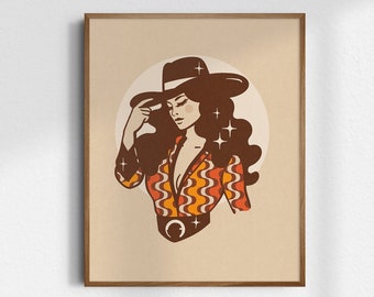 Groovy Cowgirl, Giclée Fine Art Print, 70s Western Cowgirl Print, Vintage Cowgirl Art, Retro Wall Art, UNFRAMED