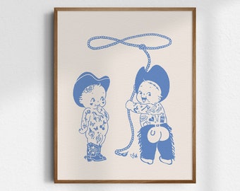 Kewpie Cowgirl, Kewpie Cowboy, Giclée Fine Art Print, Western Wall Art, Vintage Cowgirl Art, Cowboy Print, Vintage Nursery Decor, UNFRAMED